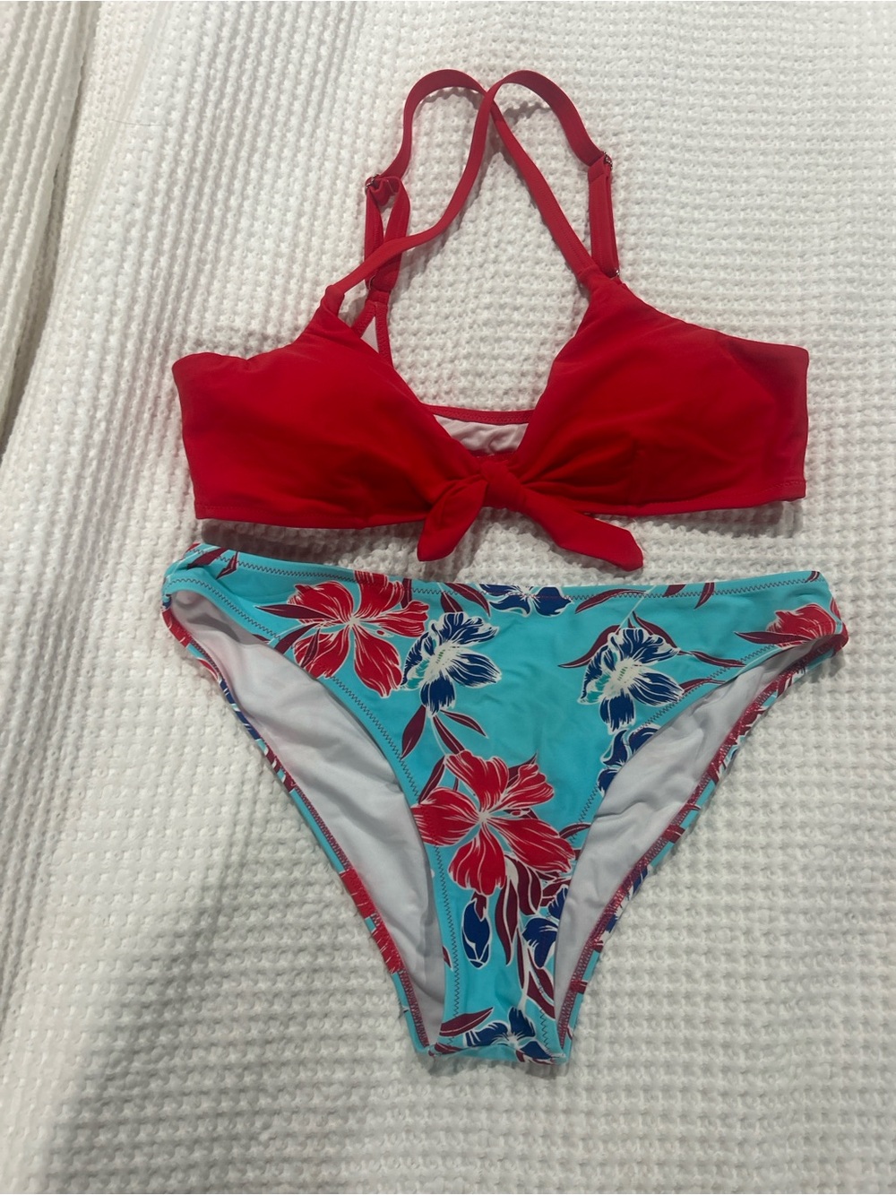 Women’s Floral Bikini Set - Red Top & Turquoise Floral Bottom